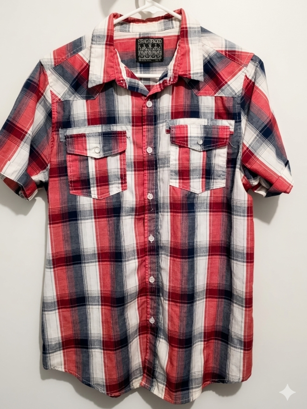 StraightFaded Short-Sleeve Red & Navy Plaid Men's Shirt -